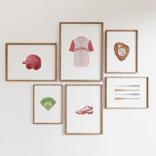 Load image into Gallery viewer, Watercolor red baseball gallery wall art set of 6 prints 07-27301
