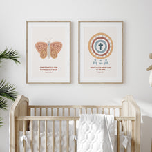 Load image into Gallery viewer, Watercolor boho butterfly and cross Christian kids bible verse set of 2 art prints 07-282