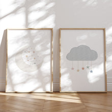 Load image into Gallery viewer, Watercolor boho pastel moon and cloud set of 2 art prints 07-26410