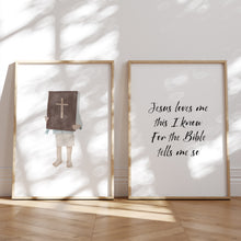 Load image into Gallery viewer, Watercolor blue boy Jesus loves me set of 2 art prints 07-24703