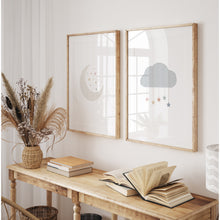 Load image into Gallery viewer, Watercolor boho pastel moon and cloud set of 2 art prints 07-26410