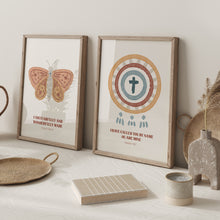 Load image into Gallery viewer, Watercolor boho butterfly and cross Christian kids bible verse set of 2 art prints 07-282