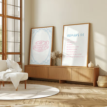 Load image into Gallery viewer, set of 2 Romans 5:5 p[ink blue coquette bible verse wall art prints