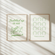 Load image into Gallery viewer, Green set of 2 saddled up cowboy bible verse wall art prints