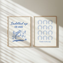 Load image into Gallery viewer, Blue  set of 2 saddled up cowboy bible verse wall art prints
