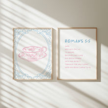 Load image into Gallery viewer, set of 2 Romans 5:5 p[ink blue coquette bible verse wall art prints