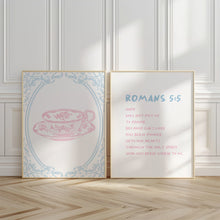 Load image into Gallery viewer, set of 2 Romans 5:5 p[ink blue coquette bible verse wall art prints