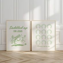 Load image into Gallery viewer, Green set of 2 saddled up cowboy bible verse wall art prints