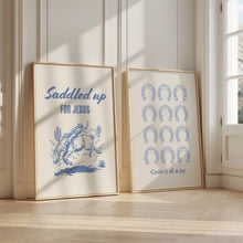 Load image into Gallery viewer, Blue  set of 2 saddled up cowboy bible verse wall art prints
