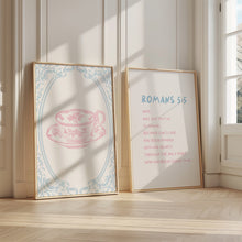 Load image into Gallery viewer, set of 2 Romans 5:5 p[ink blue coquette bible verse wall art prints