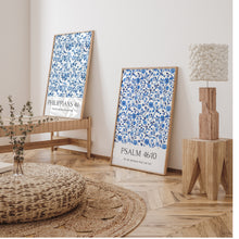 Load image into Gallery viewer, Blue set of 2 Chinoiserie pattern Christian bible verse wall art prints