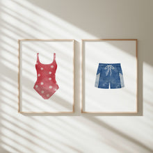 Load image into Gallery viewer, Watercolor red and blue swimsuit painting set of 2 art print 07-33703