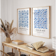 Load image into Gallery viewer, Blue set of 2 Chinoiserie pattern Christian bible verse wall art prints