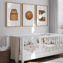 Load image into Gallery viewer, Watercolor basketball jersey, ball, sneakers set of 3 art print 07-27309