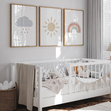 Load image into Gallery viewer, Watercolor boho pastel sun, rainbow, cloud set of 3 art print 07-26403