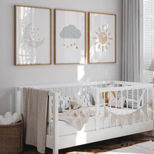 Load image into Gallery viewer, Watercolor boho pastel moon, sun, cloud set of 3 art print 07-26408