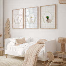 Load image into Gallery viewer, Watercolor Pink Blue Green Silly goose and Mallard duck set of 3 art prints 07-27602