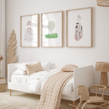 Load image into Gallery viewer, Watercolor pink golf jacket, golf ball tee, and golf club set of 3 wall art prints 07-27111