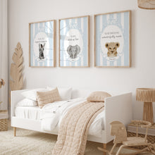 Load image into Gallery viewer, Watercolor blue baby animal bible verse set of 3 art print 07-16302