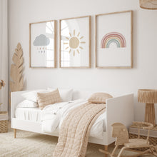 Load image into Gallery viewer, Watercolor boho pastel sun, rainbow, cloud set of 3 art print 07-26403