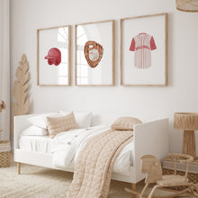 Load image into Gallery viewer, Watercolor red baseball sports nursery set of 3 art prints 07-27308