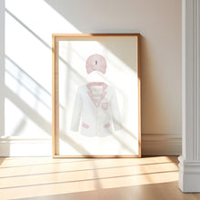 Load image into Gallery viewer, Watercolor pink golf jacket, golf ball tee, and golf club set of 3 wall art prints 07-27111