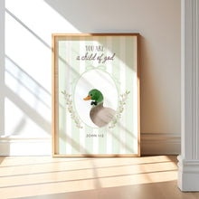 Load image into Gallery viewer, Watercolor Pink Blue Green Silly goose and Mallard duck Christian kids bible verse set of 3 art prints 07-283