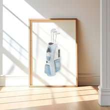 Load image into Gallery viewer, Watercolor blue golf jacket, golf ball tee, and golf club set of 3 wall art prints 07-27110
