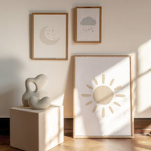 Load image into Gallery viewer, Watercolor boho pastel moon, sun, cloud set of 3 art print 07-26408