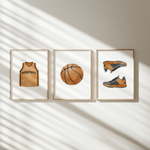 Load image into Gallery viewer, Watercolor basketball jersey, ball, sneakers set of 3 art print 07-27309