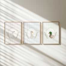 Load image into Gallery viewer, Watercolor Pink Blue Green Silly goose and Mallard duck set of 3 art prints 07-27602