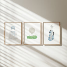Load image into Gallery viewer, Watercolor blue golf jacket, golf ball tee, and golf club set of 3 wall art prints 07-27110