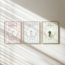 Load image into Gallery viewer, Watercolor Pink Blue Green Silly goose and Mallard duck Christian kids bible verse set of 3 art prints 07-283