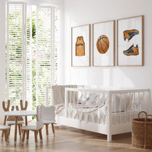 Load image into Gallery viewer, Watercolor basketball jersey, ball, sneakers set of 3 art print 07-27309