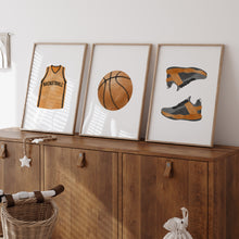 Load image into Gallery viewer, Watercolor basketball jersey, ball, sneakers set of 3 art print 07-27309