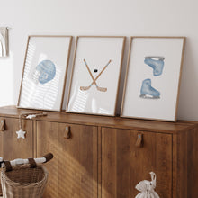 Load image into Gallery viewer, Watercolor Blue hockey set of 3 art print 07-30603