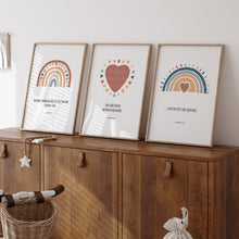 Load image into Gallery viewer, Watercolor pink boho rainbow heart set of 3 art prints 07-25202