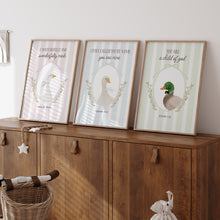 Load image into Gallery viewer, Watercolor Pink Blue Green Silly goose and Mallard duck Christian kids bible verse set of 3 art prints 07-283