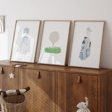 Load image into Gallery viewer, Watercolor blue golf jacket, golf ball tee, and golf club set of 3 wall art prints 07-27110
