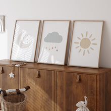 Load image into Gallery viewer, Watercolor boho pastel moon, sun, cloud set of 3 art print 07-26408