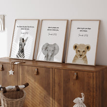 Load image into Gallery viewer, Watercolor safari baby animal bible verse set of 3 art print 07-16304