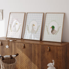 Load image into Gallery viewer, Watercolor Pink Blue Green Silly goose and Mallard duck set of 3 art prints 07-27602