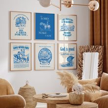 Load image into Gallery viewer, Set of 6 Blue Western Cowgirl Christian wall art prints