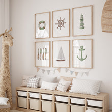 Load image into Gallery viewer, Sage green set of 6 nautical beach house art prints 07-346