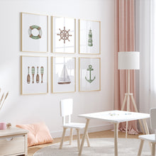 Load image into Gallery viewer, Sage green set of 6 nautical beach house art prints 07-346