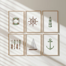 Load image into Gallery viewer, Sage green set of 6 nautical beach house art prints 07-346
