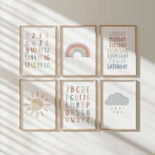 Load image into Gallery viewer, Boho pastel alphabet and rainbow set of 6 prints 07-26402