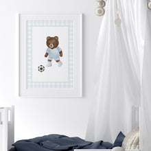 Load image into Gallery viewer, set of 6 Blue gingham sports teddy bear wall art prints 07-340