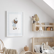 Load image into Gallery viewer, set of 6 Blue gingham sports teddy bear wall art prints 07-340