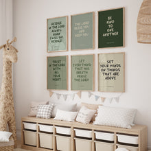 Load image into Gallery viewer, Sage green Christian kids  bible verse wall art set of 6 prints 07-235